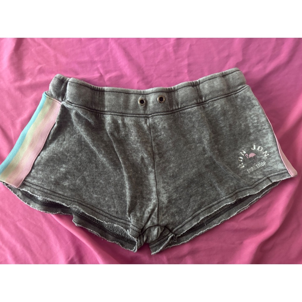 Ron Jon Surf Shop Grey Acid Wash Rainbow Stripe Shorts Flamingo Logo Womens XL